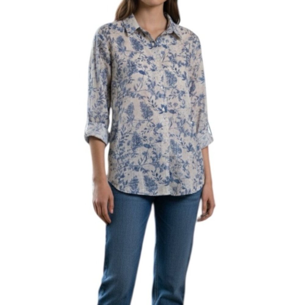 Vici Blue & White Floral Print Button Down Cottage Chic Blouse Size Medium